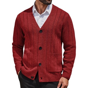 image:imageCOOFANDY Mens Cardigan Sweater Cable Knit V Neck Button up Sweaters Ribbed Cardigan Sweater with PocketsRed