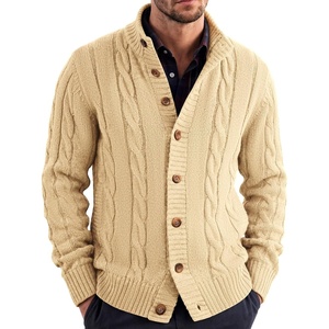 image:imageCOOFANDY Mens Cardigan Sweater Slim Fit Stand Collar Cardigan Casual Cable Knitted Button Down Sweater with PocketsKhaki