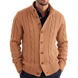image:imageCOOFANDY Mens Cardigan Sweater Slim Fit Stand Collar Cardigan Casual Cable Knitted Button Down Sweater with PocketsLight Caramel