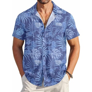 image:imageCOOFANDY Mens Casual Button Down Shirts Short Sleeve Textured Summer Beach Shirt with PocketGray Blueleaves