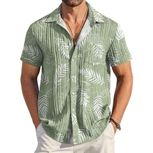 image:imageCOOFANDY Mens Casual Button Down Shirts Short Sleeve Textured Summer Beach Shirt with PocketGreenwhite Leaves