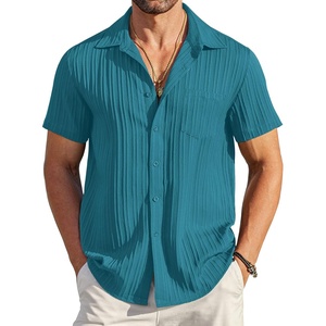 image:imageCOOFANDY Mens Casual Button Down Shirts Short Sleeve Textured Summer Beach Shirt with PocketLake Blue