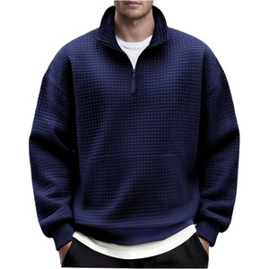 image:imageCOOFANDY Mens Quarter Zip Pullover Long Sleeve Waffle Quilted Sweatshirt Casual Polo Sweaters with PocketDeep Blue