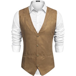 image:imageCOOFANDY Mens Suede Leather Vest Cowboy Western Waistcoat Casual Slim Fit Suit VestKhaki With Pattern