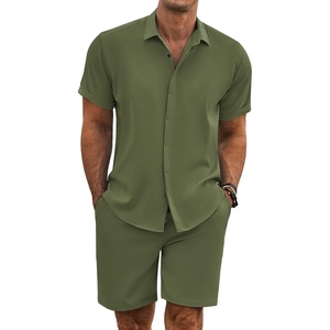 image:imageCOOFANDY Mens Summer Beach Outfits 2 Piece Short Sleeve Shirts and Shorts Vacation Texture Linen Sets for MenArmy Green