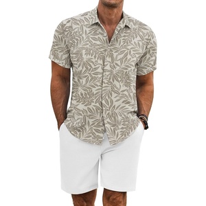 image:imageCOOFANDY Mens Summer Beach Outfits 2 Piece Short Sleeve Shirts and Shorts Vacation Texture Linen Sets for MenBeige  Leaf Flower