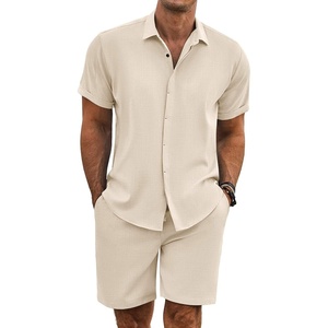 image:imageCOOFANDY Mens Summer Beach Outfits 2 Piece Short Sleeve Shirts and Shorts Vacation Texture Linen Sets for MenBeige