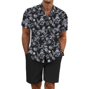 image:imageCOOFANDY Mens Summer Beach Outfits 2 Piece Short Sleeve Shirts and Shorts Vacation Texture Linen Sets for MenBlack  Leaf Flower