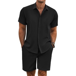 image:imageCOOFANDY Mens Summer Beach Outfits 2 Piece Short Sleeve Shirts and Shorts Vacation Texture Linen Sets for MenBlack