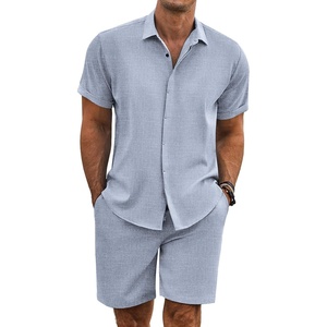 image:imageCOOFANDY Mens Summer Beach Outfits 2 Piece Short Sleeve Shirts and Shorts Vacation Texture Linen Sets for MenBlue