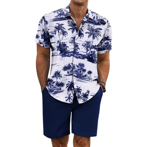 image:imageCOOFANDY Mens Summer Beach Outfits 2 Piece Short Sleeve Shirts and Shorts Vacation Texture Linen Sets for MenCoconut Treewhite
