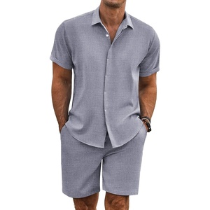 image:imageCOOFANDY Mens Summer Beach Outfits 2 Piece Short Sleeve Shirts and Shorts Vacation Texture Linen Sets for MenDark Blue Grey
