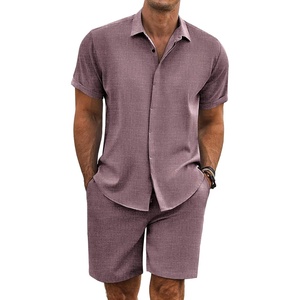 image:imageCOOFANDY Mens Summer Beach Outfits 2 Piece Short Sleeve Shirts and Shorts Vacation Texture Linen Sets for MenDark Red