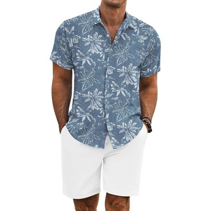 image:imageCOOFANDY Mens Summer Beach Outfits 2 Piece Short Sleeve Shirts and Shorts Vacation Texture Linen Sets for MenDenim Blue  Floral