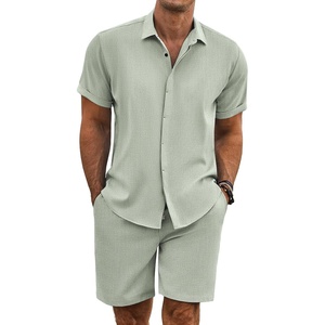 image:imageCOOFANDY Mens Summer Beach Outfits 2 Piece Short Sleeve Shirts and Shorts Vacation Texture Linen Sets for MenGreen