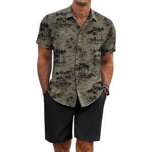 image:imageCOOFANDY Mens Summer Beach Outfits 2 Piece Short Sleeve Shirts and Shorts Vacation Texture Linen Sets for MenGrey Green