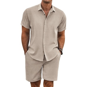 image:imageCOOFANDY Mens Summer Beach Outfits 2 Piece Short Sleeve Shirts and Shorts Vacation Texture Linen Sets for MenKhaki