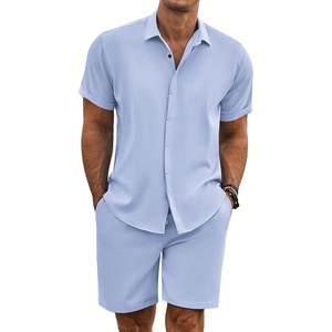 image:imageCOOFANDY Mens Summer Beach Outfits 2 Piece Short Sleeve Shirts and Shorts Vacation Texture Linen Sets for MenLight Blue