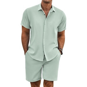 image:imageCOOFANDY Mens Summer Beach Outfits 2 Piece Short Sleeve Shirts and Shorts Vacation Texture Linen Sets for MenLight Green