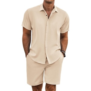 image:imageCOOFANDY Mens Summer Beach Outfits 2 Piece Short Sleeve Shirts and Shorts Vacation Texture Linen Sets for MenLight Khaki