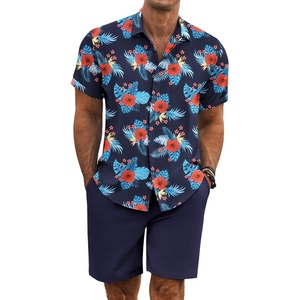 image:imageCOOFANDY Mens Summer Beach Outfits 2 Piece Short Sleeve Shirts and Shorts Vacation Texture Linen Sets for MenNavy  Floral