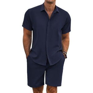 image:imageCOOFANDY Mens Summer Beach Outfits 2 Piece Short Sleeve Shirts and Shorts Vacation Texture Linen Sets for MenNavy Blue
