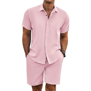 image:imageCOOFANDY Mens Summer Beach Outfits 2 Piece Short Sleeve Shirts and Shorts Vacation Texture Linen Sets for MenPink