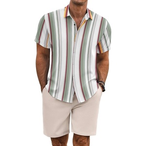 image:imageCOOFANDY Mens Summer Beach Outfits 2 Piece Short Sleeve Shirts and Shorts Vacation Texture Linen Sets for MenStripe