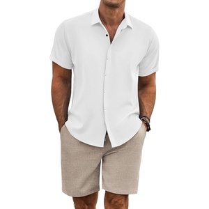 image:imageCOOFANDY Mens Summer Beach Outfits 2 Piece Short Sleeve Shirts and Shorts Vacation Texture Linen Sets for MenWhiteKhaki