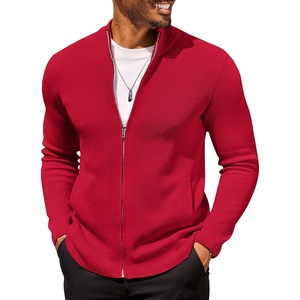 image:imageCOOFANDY Mens Zip Up Cardigan Sweater Slim Fit Casual Full Zip Sweaters Knit Stand Collar Cardigans with 2 Front PocketsRed