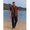 image:imageCOOFANDY Men 2 Piece Linen Outfit Beach Button Down Shirt Casual Loose Pant SetsBlack Patchwork Wine Red ShirtBlack Pants