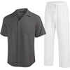 image:imageCOOFANDY Men 2 Piece Linen Outfit Beach Button Down Shirt Casual Loose Pant SetsDark Gray ShirtWhite Pants