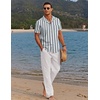 image:imageCOOFANDY Men 2 Piece Linen Outfit Beach Button Down Shirt Casual Loose Pant SetsGrey Green Stripes ShirtWhite Pants