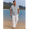 image:imageCOOFANDY Men 2 Piece Linen Outfit Beach Button Down Shirt Casual Loose Pant SetsGrey Green Stripes ShirtWhite Pants