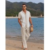 image:imageCOOFANDY Men 2 Piece Linen Outfit Beach Button Down Shirt Casual Loose Pant SetsKhaki Patchwork White ShirtKhaki Pants