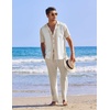 image:imageCOOFANDY Men 2 Piece Linen Outfit Beach Button Down Shirt Casual Loose Pant SetsKhaki Patchwork White ShirtKhaki Pants