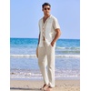 image:imageCOOFANDY Men 2 Piece Linen Outfit Beach Button Down Shirt Casual Loose Pant SetsKhaki Patchwork White ShirtKhaki Pants
