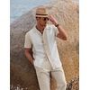 image:imageCOOFANDY Men 2 Piece Linen Outfit Beach Button Down Shirt Casual Loose Pant SetsKhaki Patchwork White ShirtKhaki Pants