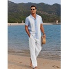 image:imageCOOFANDY Men 2 Piece Linen Outfit Beach Button Down Shirt Casual Loose Pant SetsLight Blue Patchwork White ShirtWhite Pants