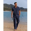 image:imageCOOFANDY Men 2 Piece Linen Outfit Beach Button Down Shirt Casual Loose Pant SetsNavy Blue