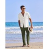 image:imageCOOFANDY Men 2 Piece Linen Outfit Beach Button Down Shirt Casual Loose Pant SetsWhite ShirtArmy Green Pants