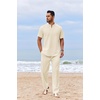 image:imageCOOFANDY Mens 2 Piece Cotton Sets Casual Short Sleeve Henley Shirts and Beach Pants with Pockets Summer Vacation OutfitsAbeige