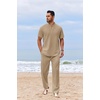 image:imageCOOFANDY Mens 2 Piece Cotton Sets Casual Short Sleeve Henley Shirts and Beach Pants with Pockets Summer Vacation OutfitsAkhaki
