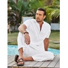 image:imageCOOFANDY Mens 2 Piece Cotton Sets Casual Short Sleeve Henley Shirts and Beach Pants with Pockets Summer Vacation OutfitsAwhite