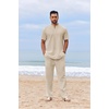 image:imageCOOFANDY Mens 2 Piece Cotton Sets Casual Short Sleeve Henley Shirts and Beach Pants with Pockets Summer Vacation OutfitsLight Khaki