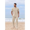image:imageCOOFANDY Mens 2 Piece Cotton Sets Casual Short Sleeve Henley Shirts and Beach Pants with Pockets Summer Vacation OutfitsLight Khaki
