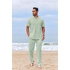 image:imageCOOFANDY Mens 2 Piece Cotton Sets Casual Short Sleeve Henley Shirts and Beach Pants with Pockets Summer Vacation OutfitsZgreen