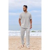image:imageCOOFANDY Mens 2 Piece Cotton Sets Casual Short Sleeve Henley Shirts and Beach Pants with Pockets Summer Vacation OutfitsZlight Grey