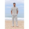 image:imageCOOFANDY Mens 2 Piece Cotton Sets Casual Short Sleeve Henley Shirts and Beach Pants with Pockets Summer Vacation OutfitsZlight Grey