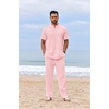 image:imageCOOFANDY Mens 2 Piece Cotton Sets Casual Short Sleeve Henley Shirts and Beach Pants with Pockets Summer Vacation OutfitsZpink